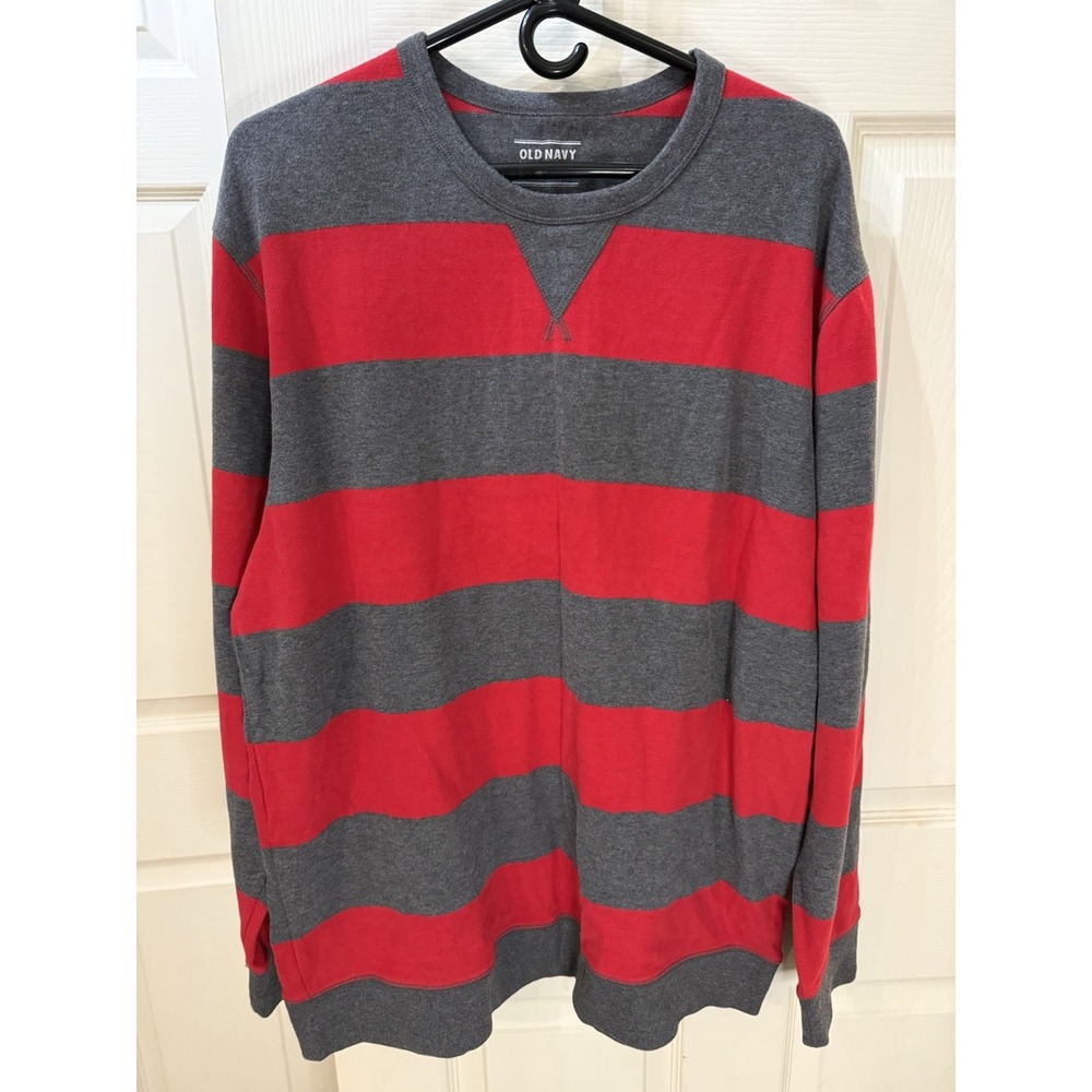 Old Navy Men's Sweater Rugby‎ Striped Crew Neck XL Preppy Red Grey